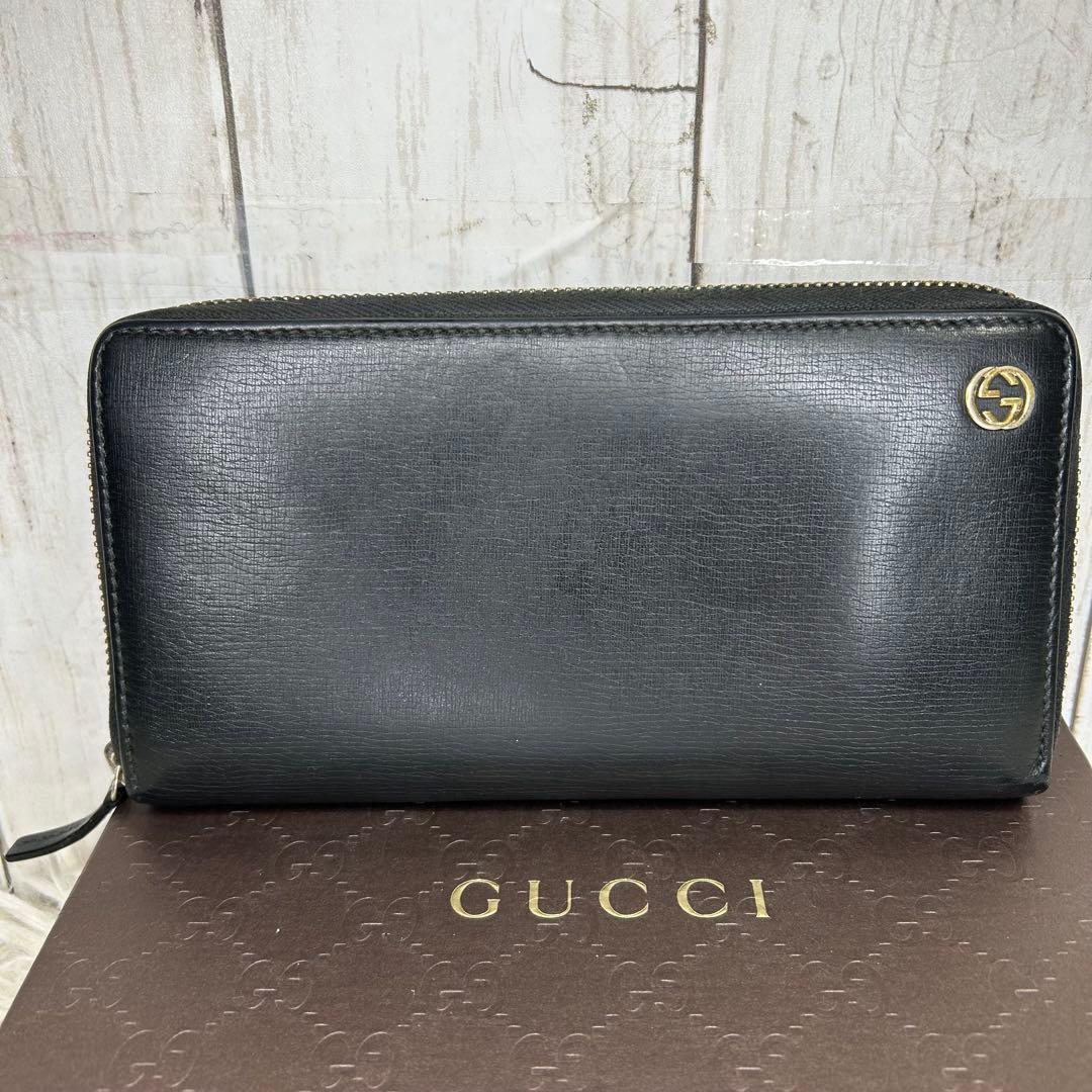 GUCCI グッチ 長財布 レザー ラウンドファスナー インターロッキング