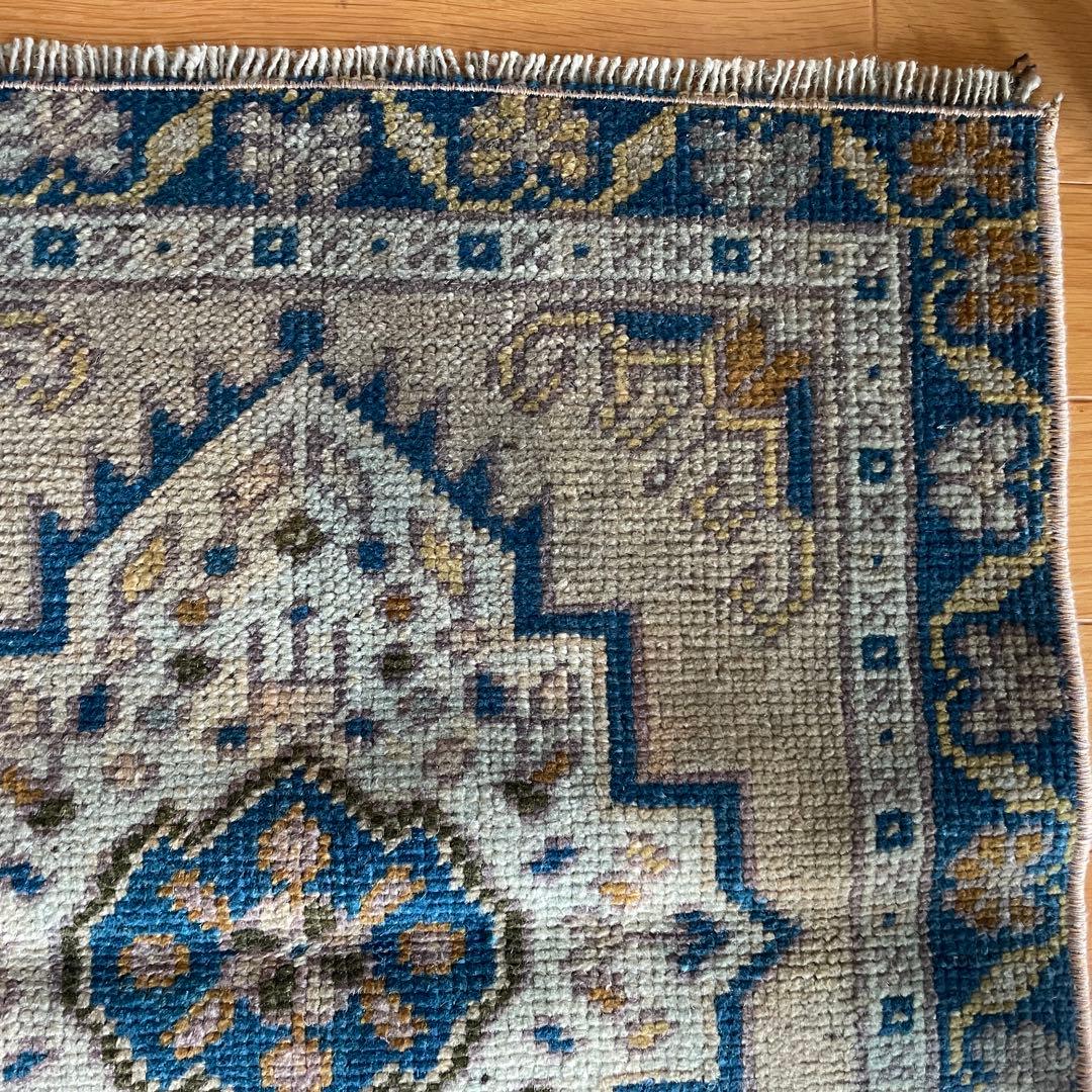 54×51㎝◇トルコヴィンテージラグ　ブラウン　ブルー　幾何学模様611