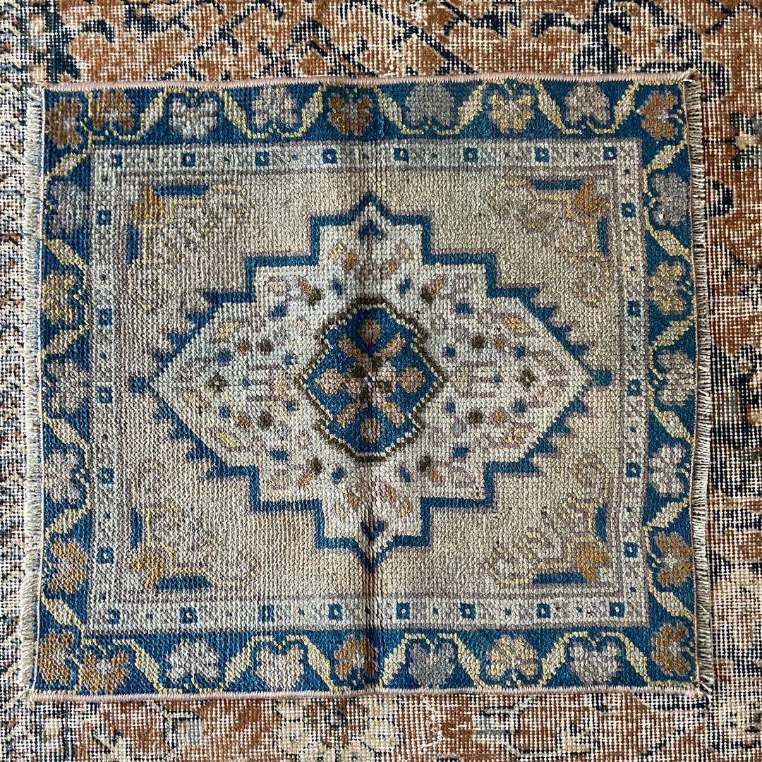 54×51㎝◇トルコヴィンテージラグ　ブラウン　ブルー　幾何学模様611