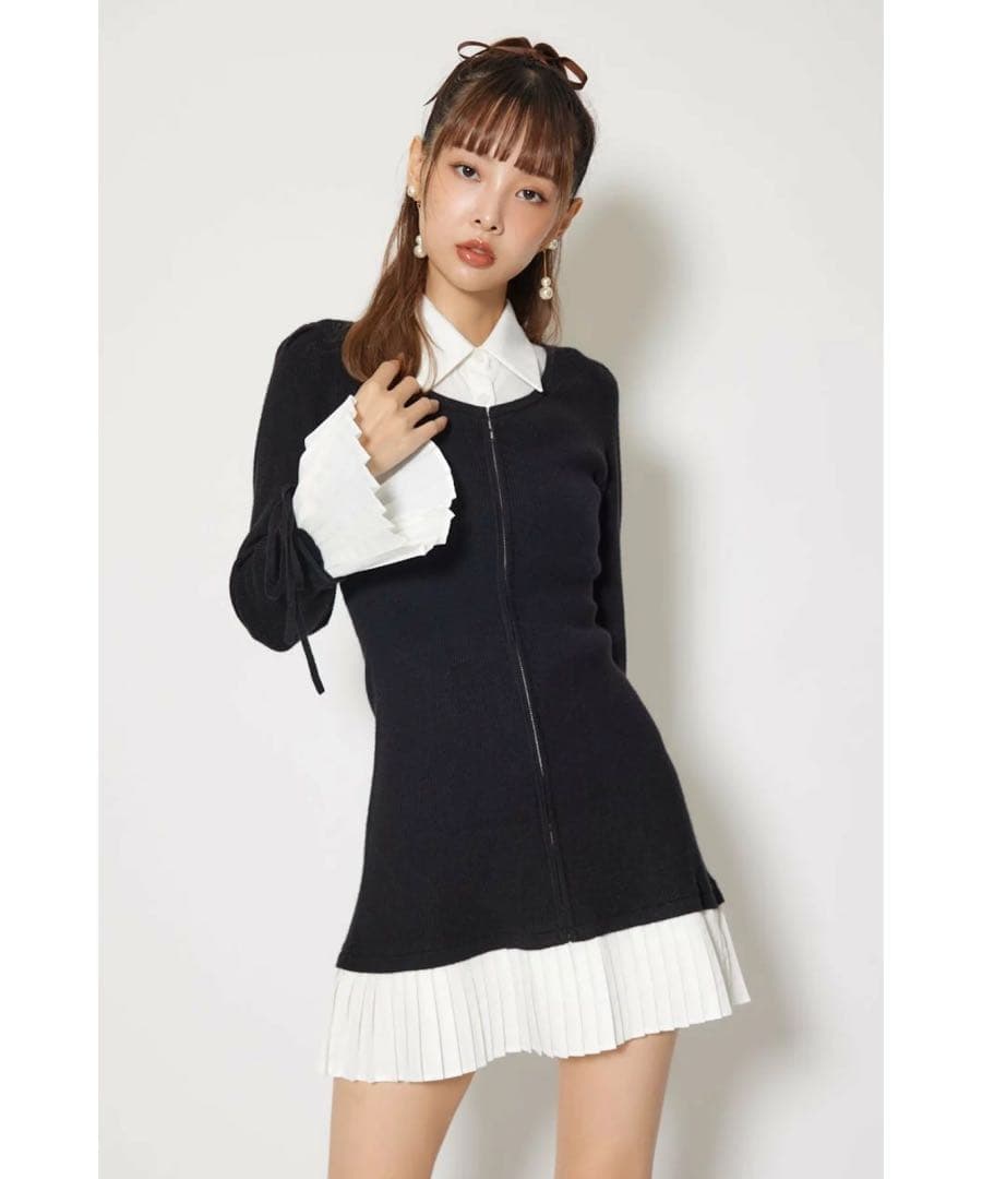 rienda レイヤードパターンシャツニットミニワンピース 美品