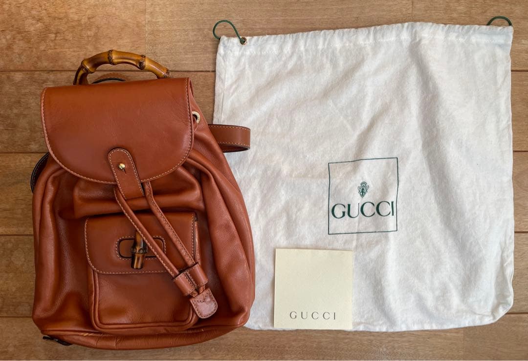 正規品GUCCI グッチ　バンブーレザーリュック 説明書・保存袋付き　茶ブラウン