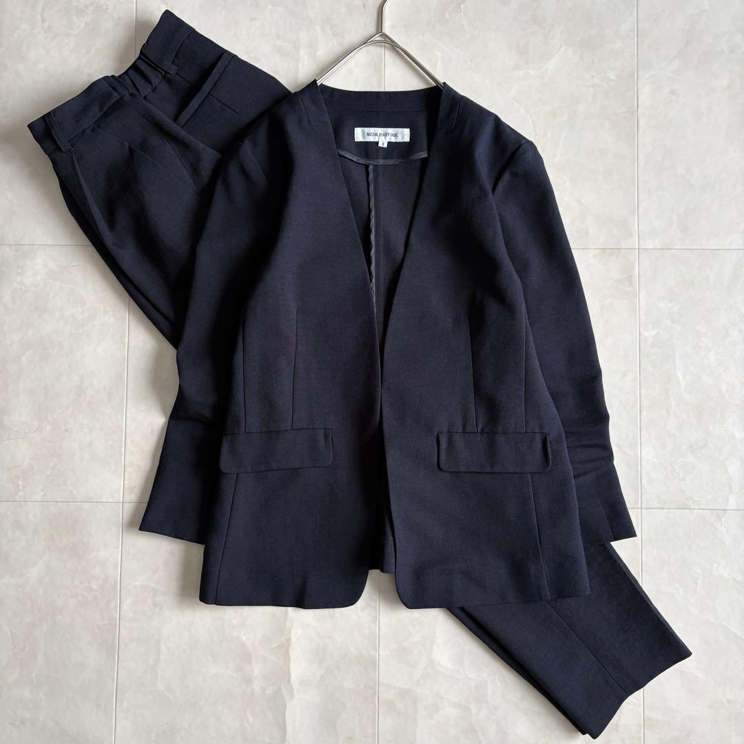 NATURAL BEAUTY BASIC ノーカラーパンツスーツ 紺 S/XS