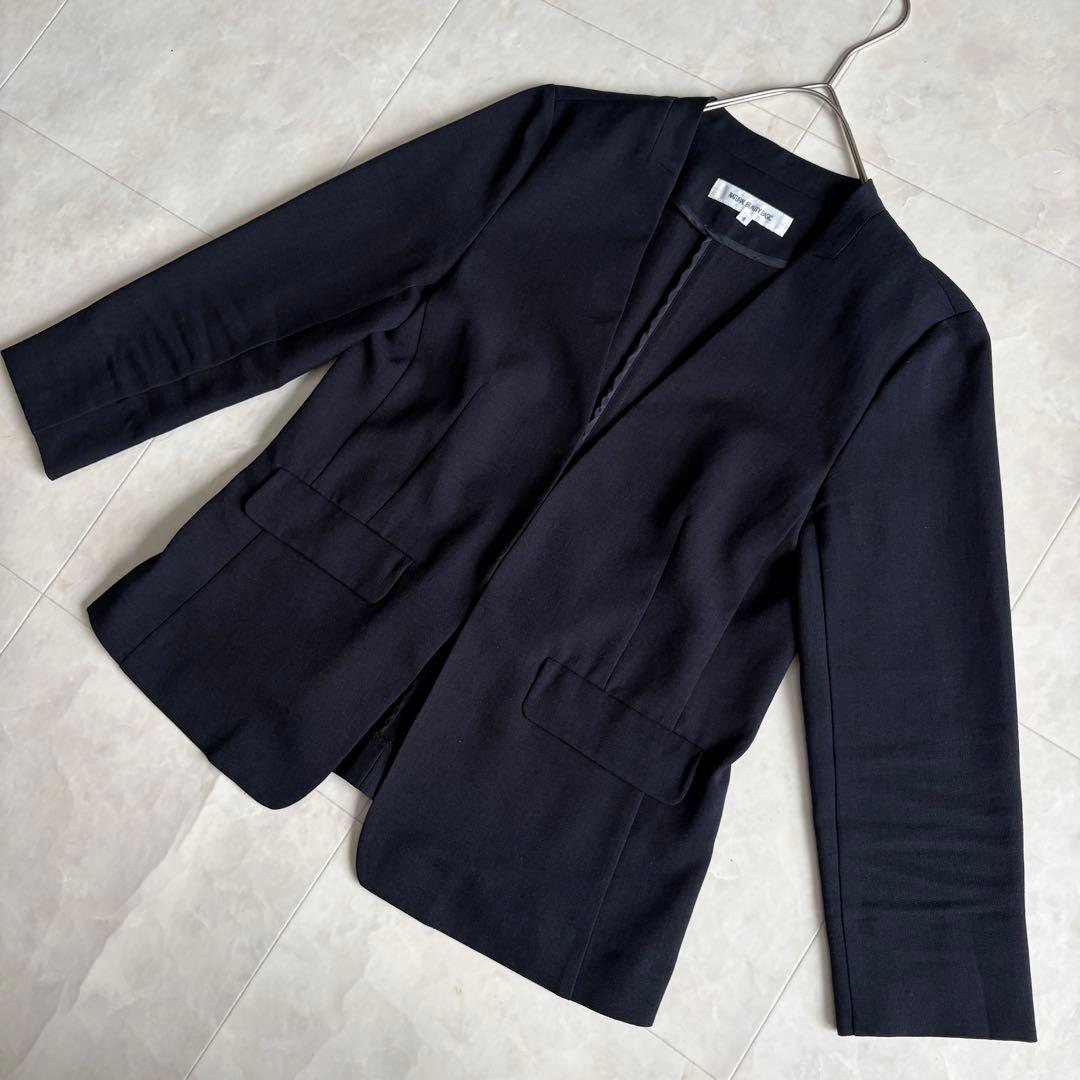 NATURAL BEAUTY BASIC ノーカラーパンツスーツ 紺 S/XS
