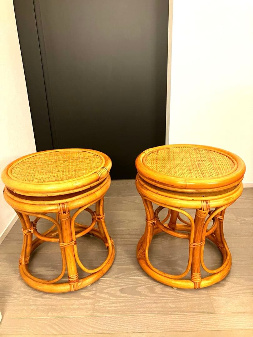 良品 天然ラタン 回転スツール2脚セット 昭和レトロ 丸椅子 椅子 ヴィンテージ