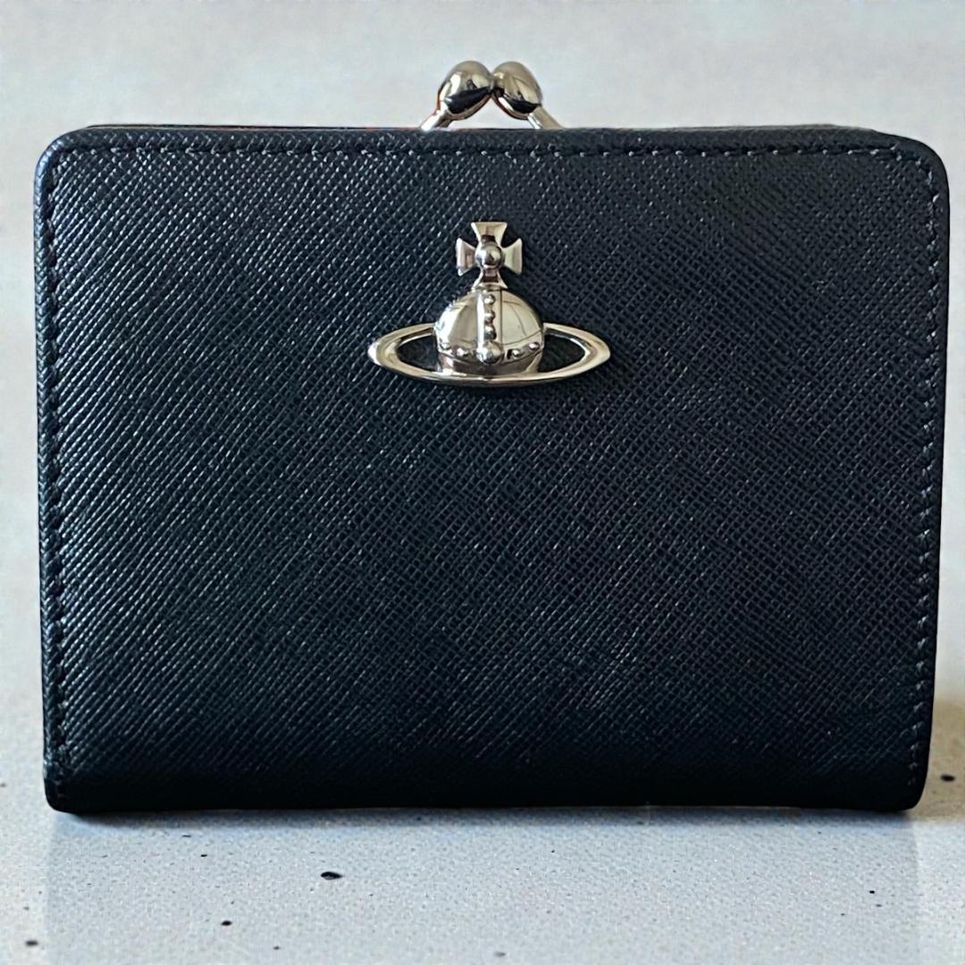 美品　ヴィヴィアンウエストウッド がま口 二つ折り財布 レザ- ブラック