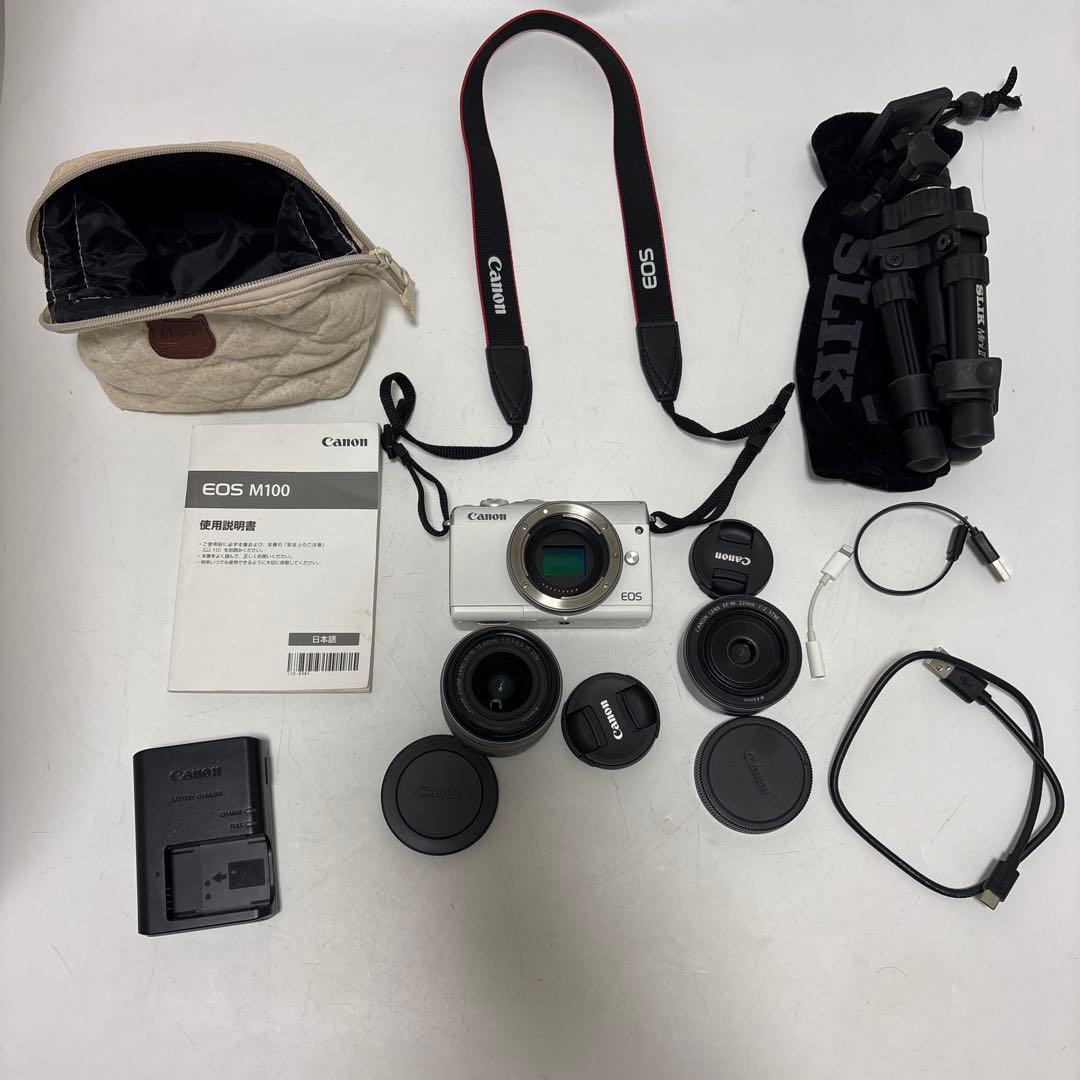 Canon EOS M100 ホワイト レンズ2点 ミニ三脚 備品あり