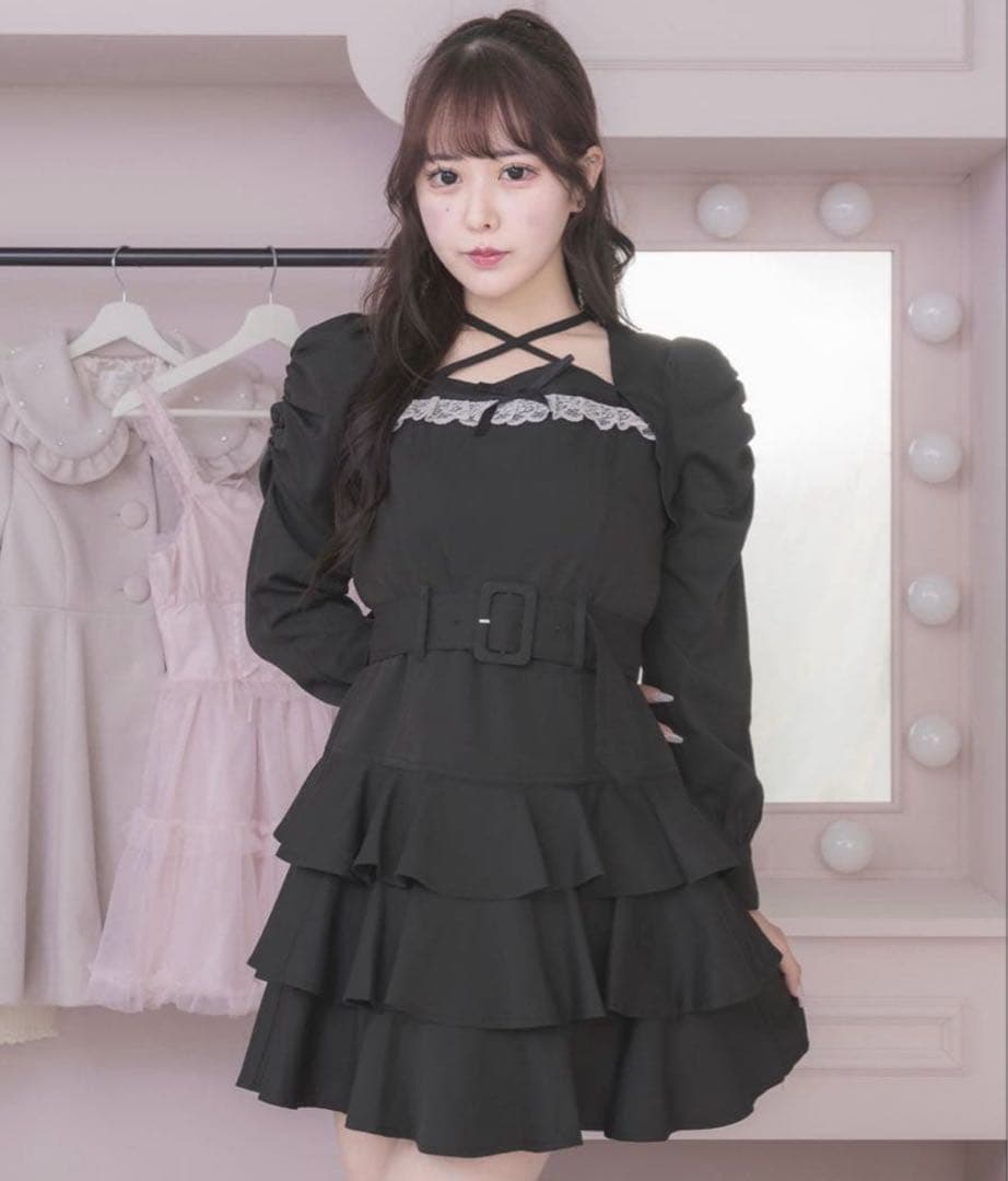 pium ティアードフリル長袖ミニワンピース ブラック【本日0時消します】