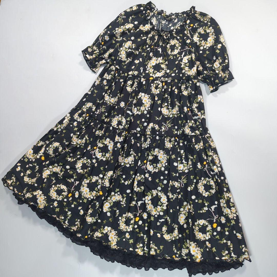 ピンクハウス　マーガレットリース柄　ワンピースドレス　フリル　ひよこ　ミディ丈