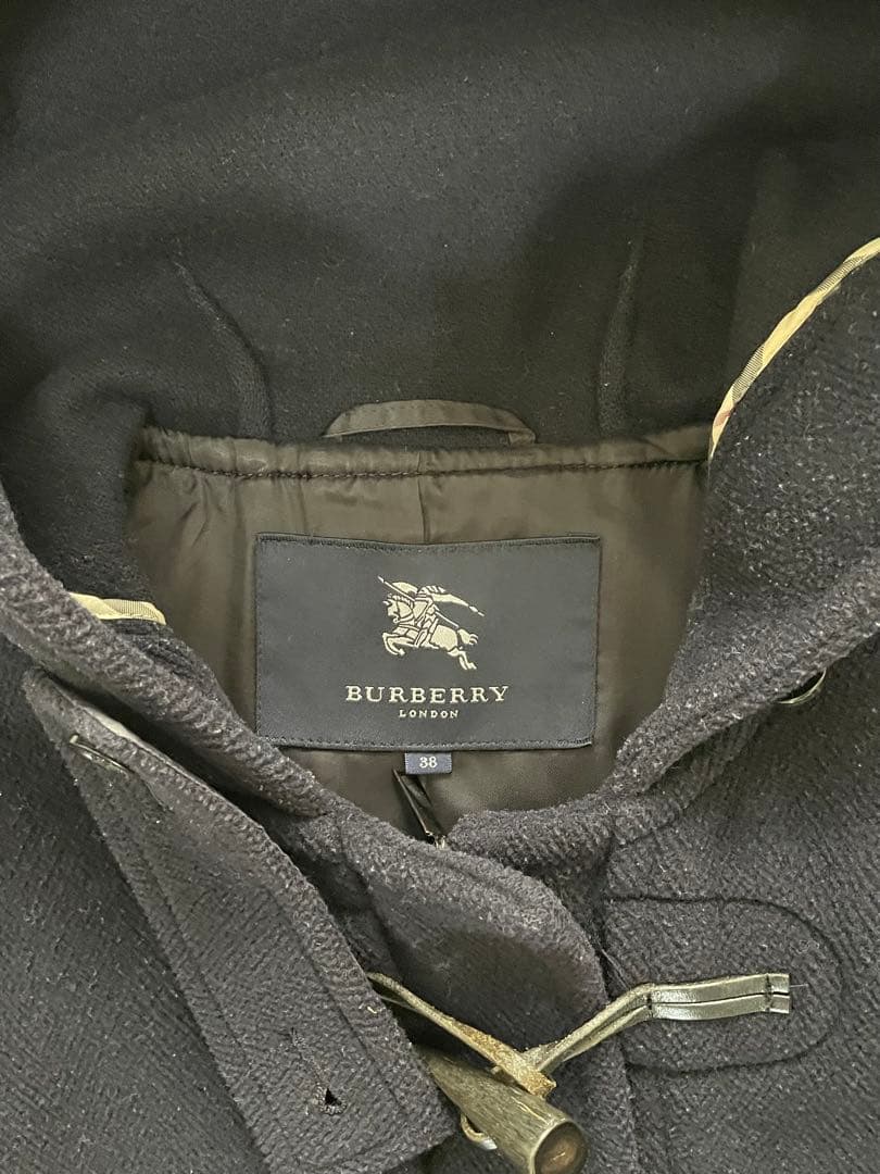 バーバリーロンドン ダッフルコート ヘリンボーン ロゴボタン ロング 紺 38