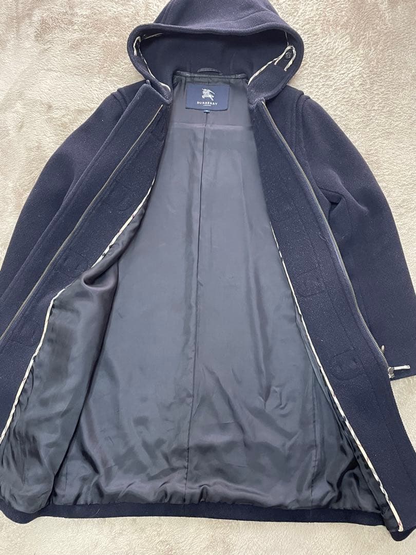 バーバリーロンドン ダッフルコート ヘリンボーン ロゴボタン ロング 紺 38