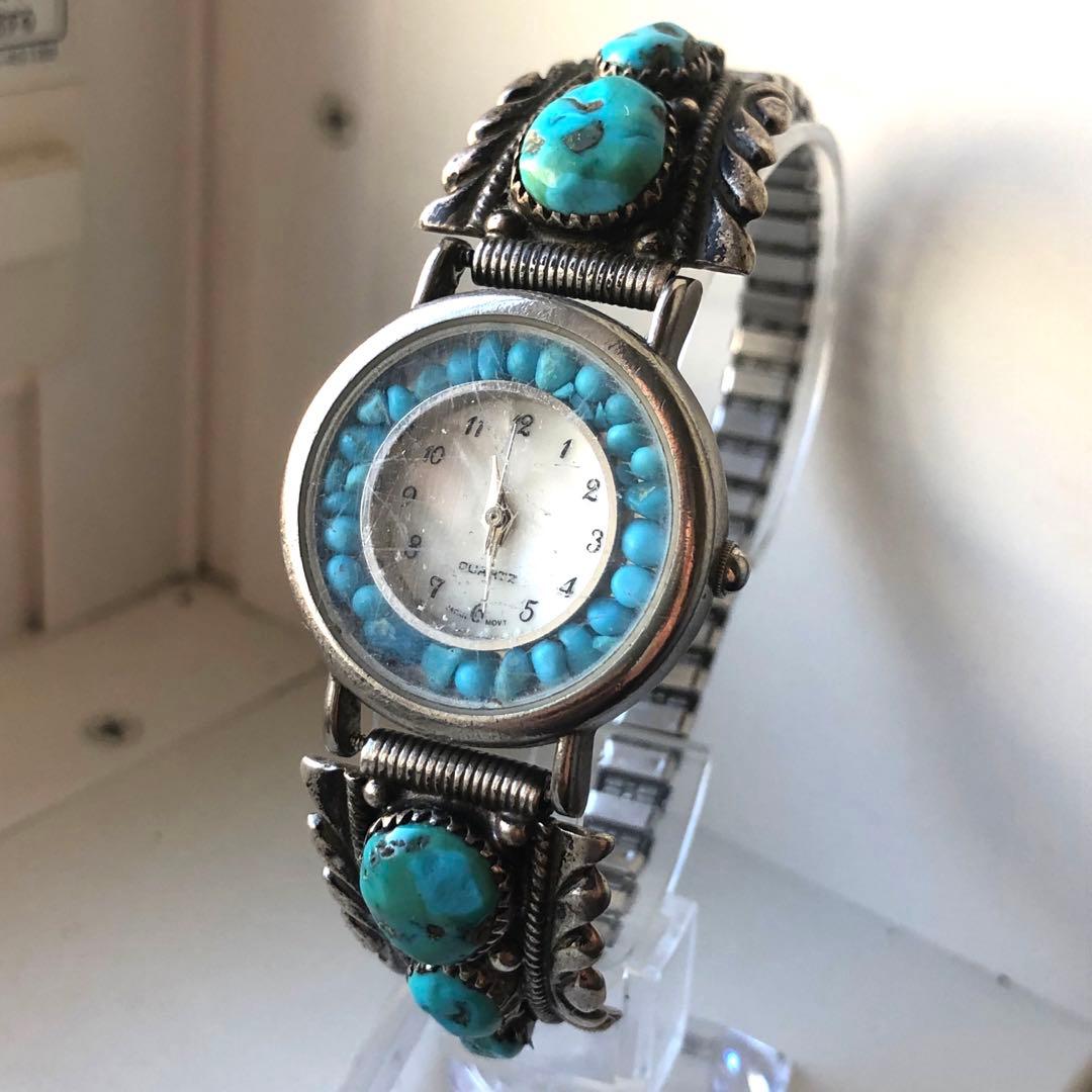 インディアン　ターコイズ装飾　ビンテージ時計　電池新品　シルバー