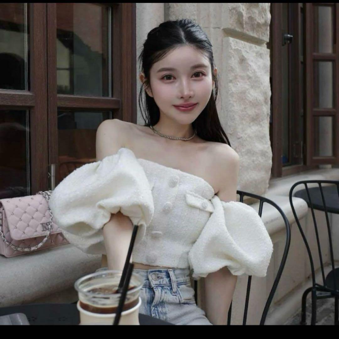 darich パフスリーブ オフショル ツイードトップス ホワイトチューブトップ