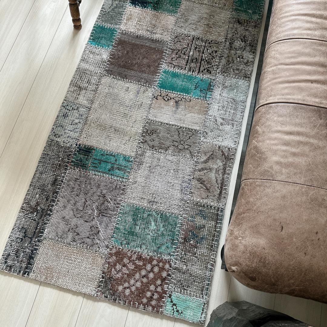 トルコ ヴィンテージラグ A29 高級 レア ターコイズ グレー パッチワーク