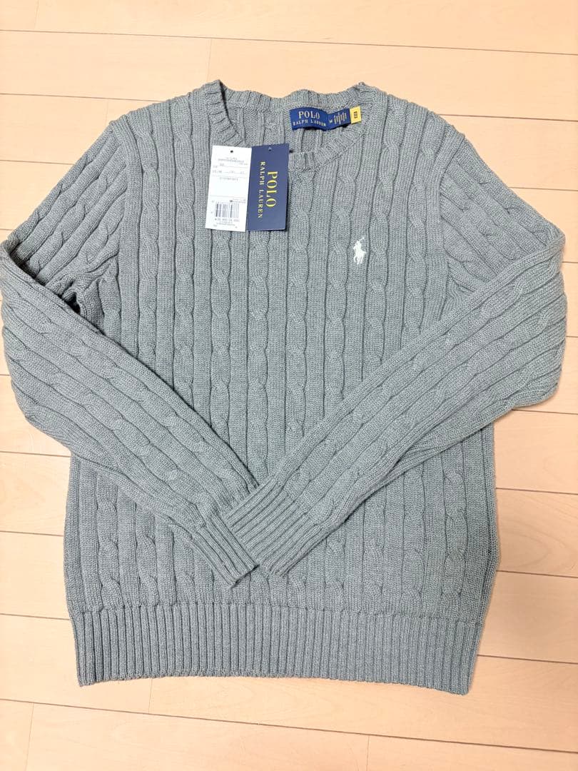 ポロラルフローレン　ケーブルニット　セーター　グレー　ポニーロゴ刺繍　コットン