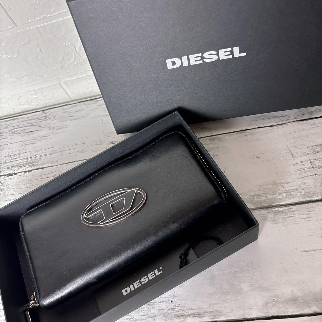 美品 DIESEL ディーゼル レザー 長財布 ラウンドファスナー 黒 Dロゴ