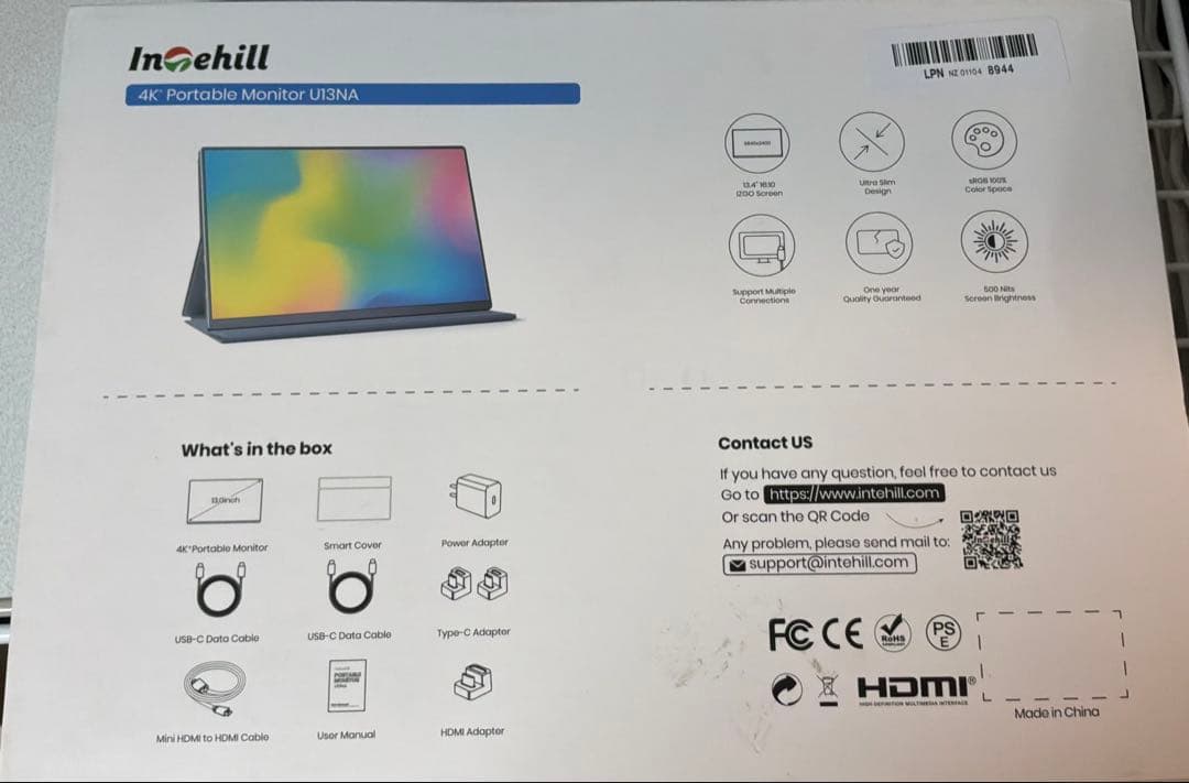 ディスプレイ・モニター本体 intehill 4K Portable Monitor U13NA