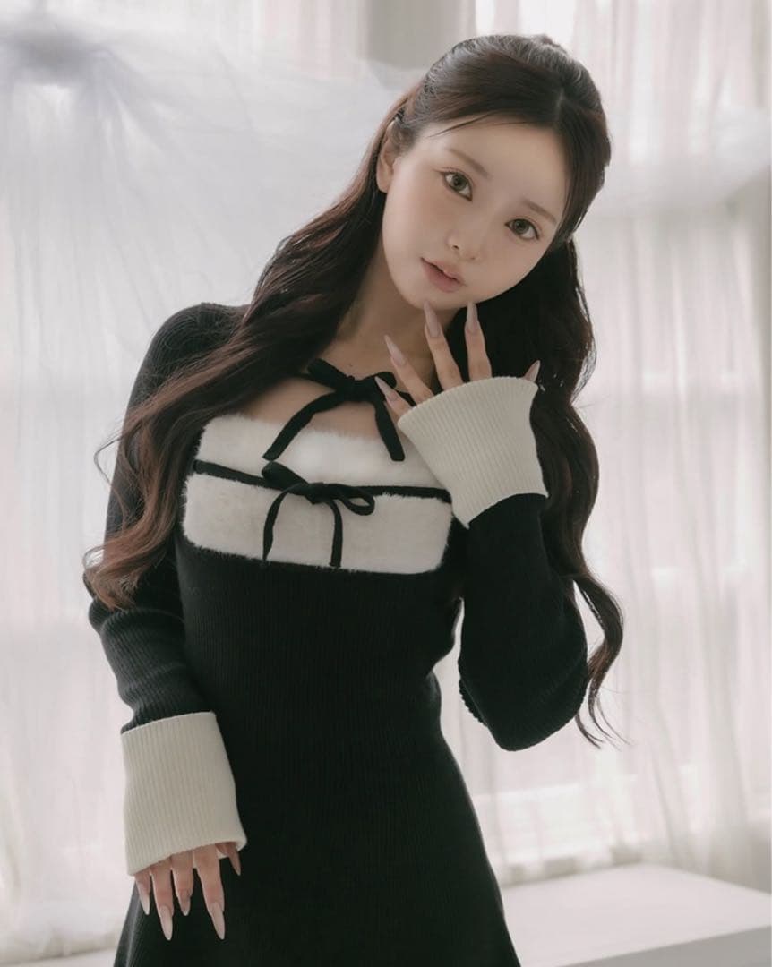 Darich リボンファーフレアニットミニワンピース ブラック free