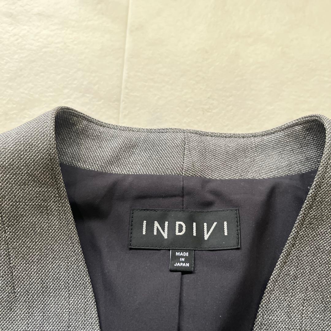 極美品　インディヴィ ノーカラー スーツセットアップ 38 現行　グレー　洗える