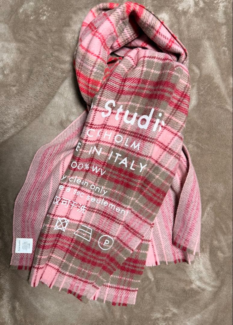 正規店購入 Acne Studios 大判ウール マフラー チェック柄 ピンク