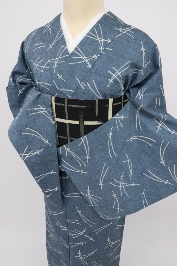 《浴衣■綿紬◆シンプルこぼれ松葉■灰青◆木綿■◆夏着物◆UH8-13》