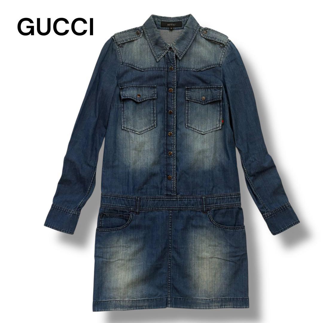 GUCCI デニムワンピース　GG柄　ロゴ刻印金ボタン　シェリーライン　36