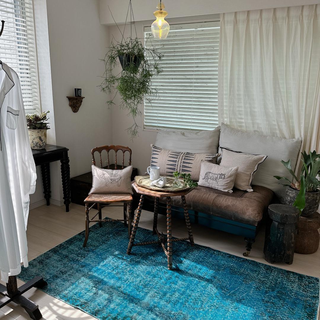 トルコ ヴィンテージラグ A56 ターコイズブルー コバルトブルー オーバーダイ