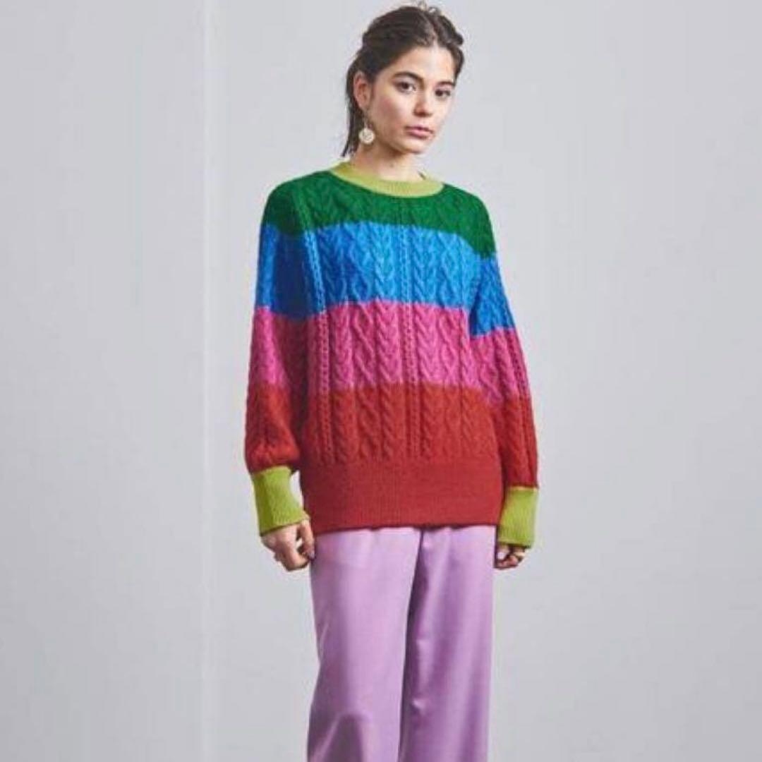 ＜MUVEIL（ミュベール）＞ 美品 マルチボーダー ニット ケーブル編み