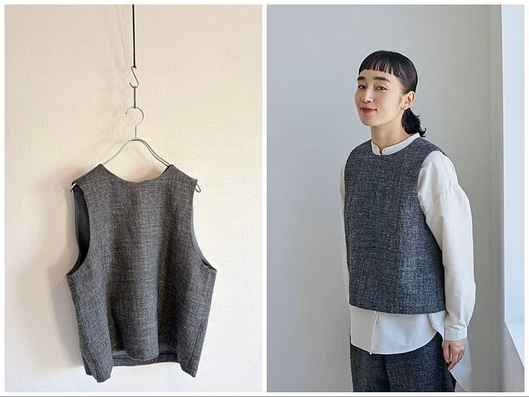 美品 中川政七商店 麻とウールツイード かぶりベスト 日本製