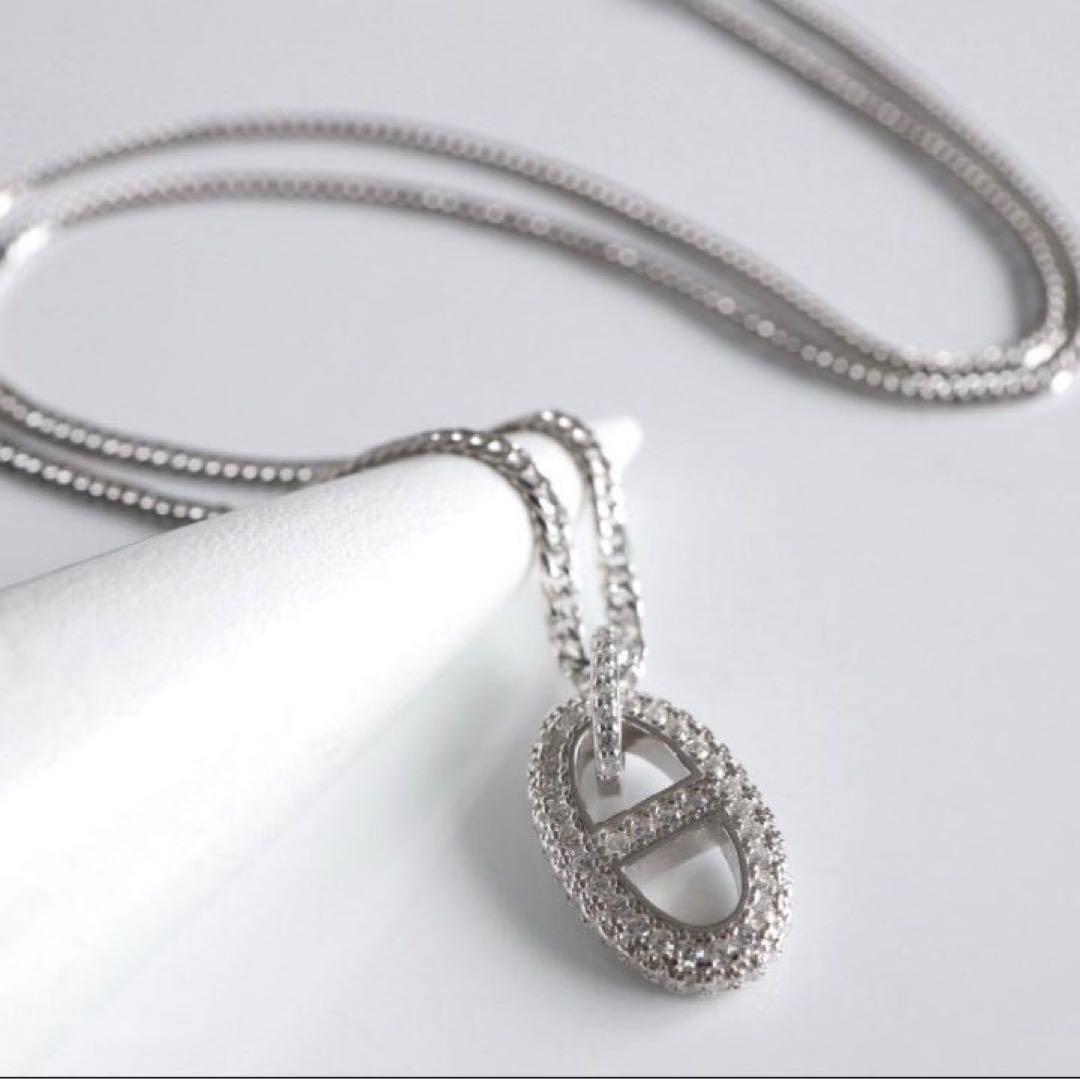 シルバー925 アンカーネックレス キラキラ パヴェネックレス ダブル喜平