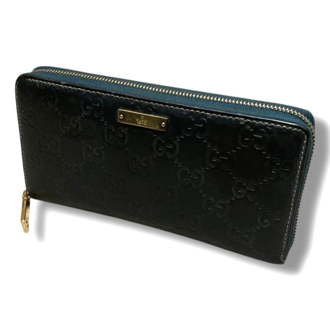 グッチ　長財布　ラウンドジップ　GGシマ　ゴールドプレート　レザー　ブラック