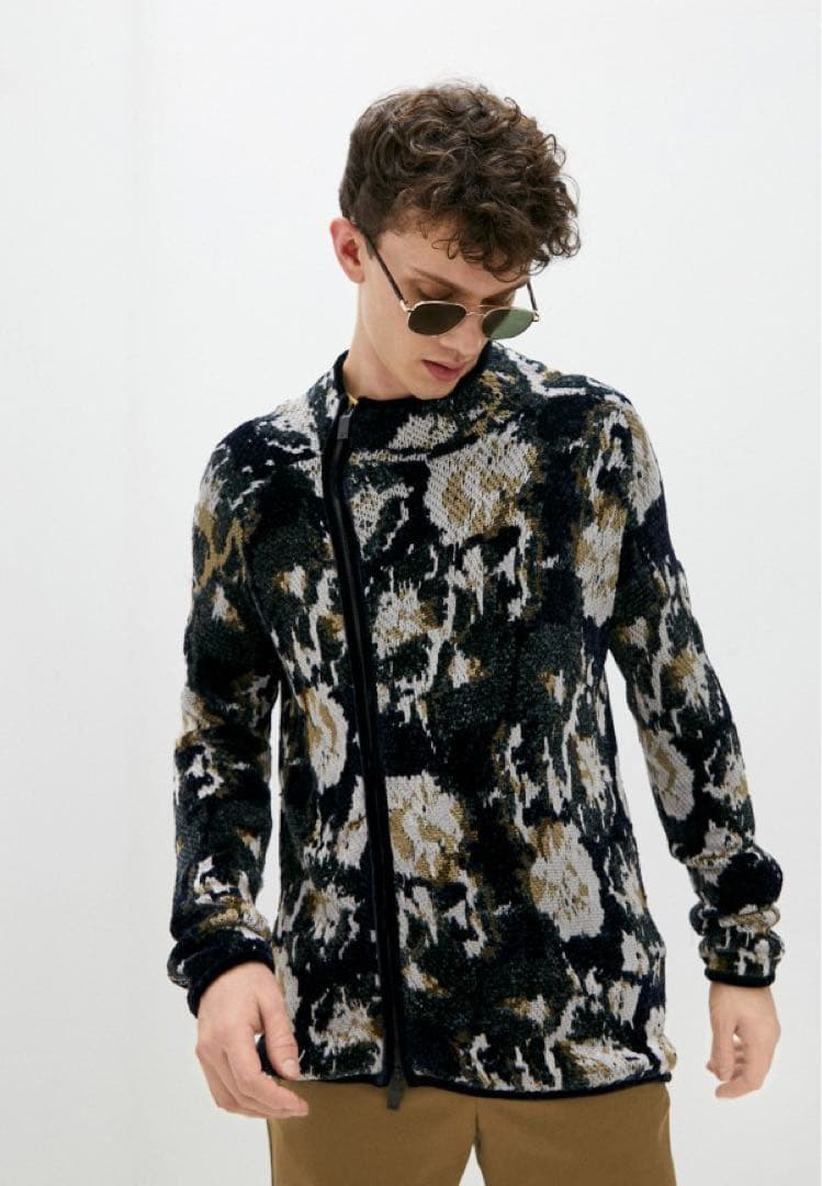 EMPORIO ARMANI ライダース　ニット　ジャガード　ベロア　総柄　M