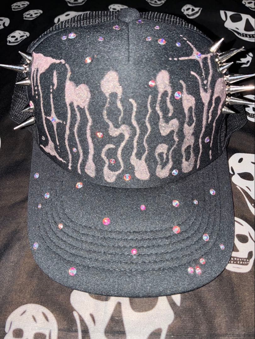 リメイク キャップ ラインストーン スタッズ グラフティ 黒 y2k
