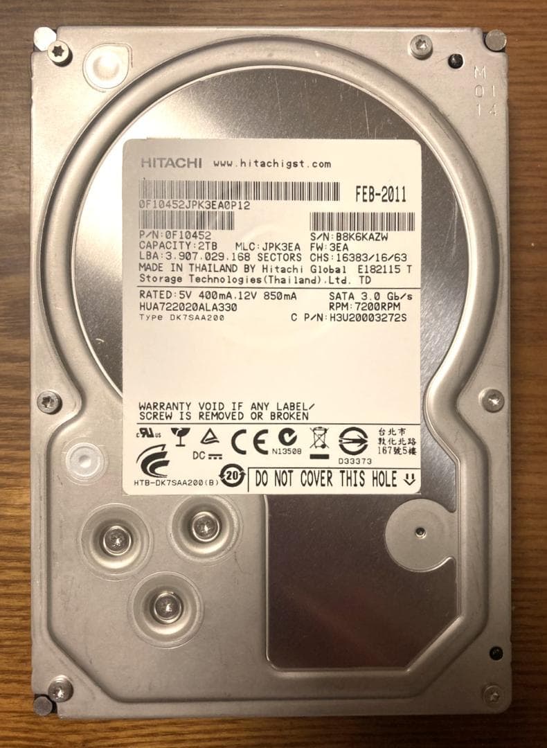 内蔵型ハードディスクドライブ Hitachi/HGST HUA722020ALA330 3.5 HDD 2TB