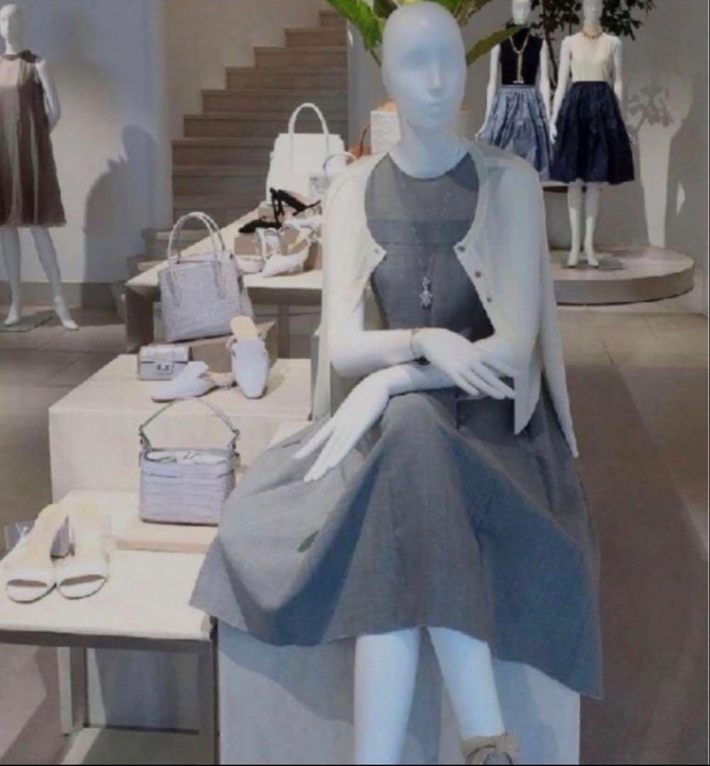 FOXEY シアー切り替えプリーツフレアーワンピース グレー