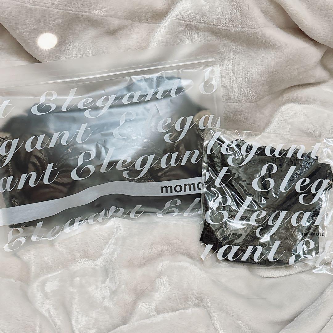 momoful スワンブラック/ピンクレースブラジャーショーツ