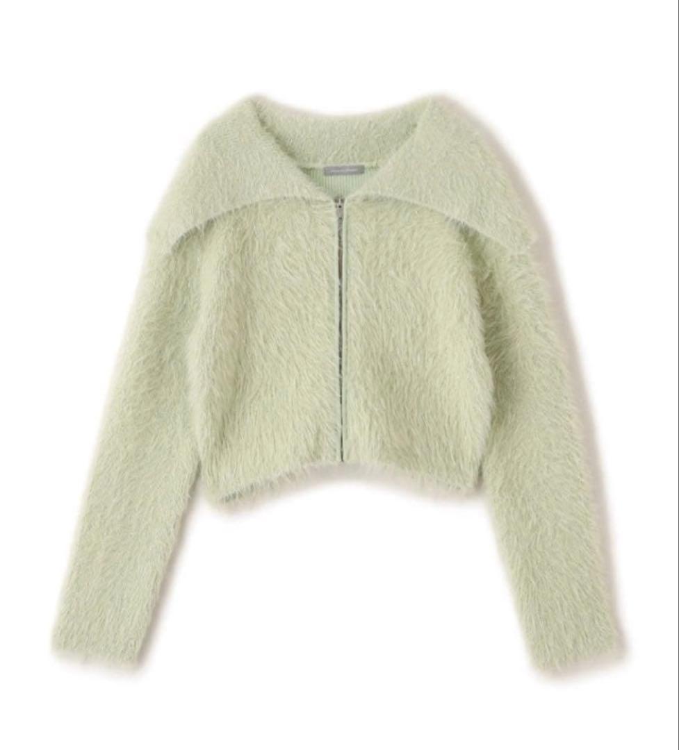 ラメフェザービッグカラーニットブルゾン グリーン