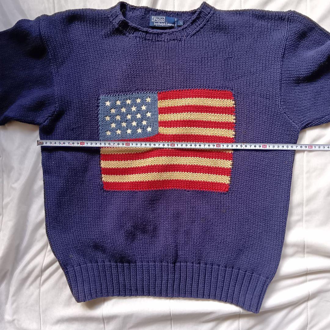 【希少・手編み】90s ポロ ラルフローレン 星条旗 コットン ニット L 紺