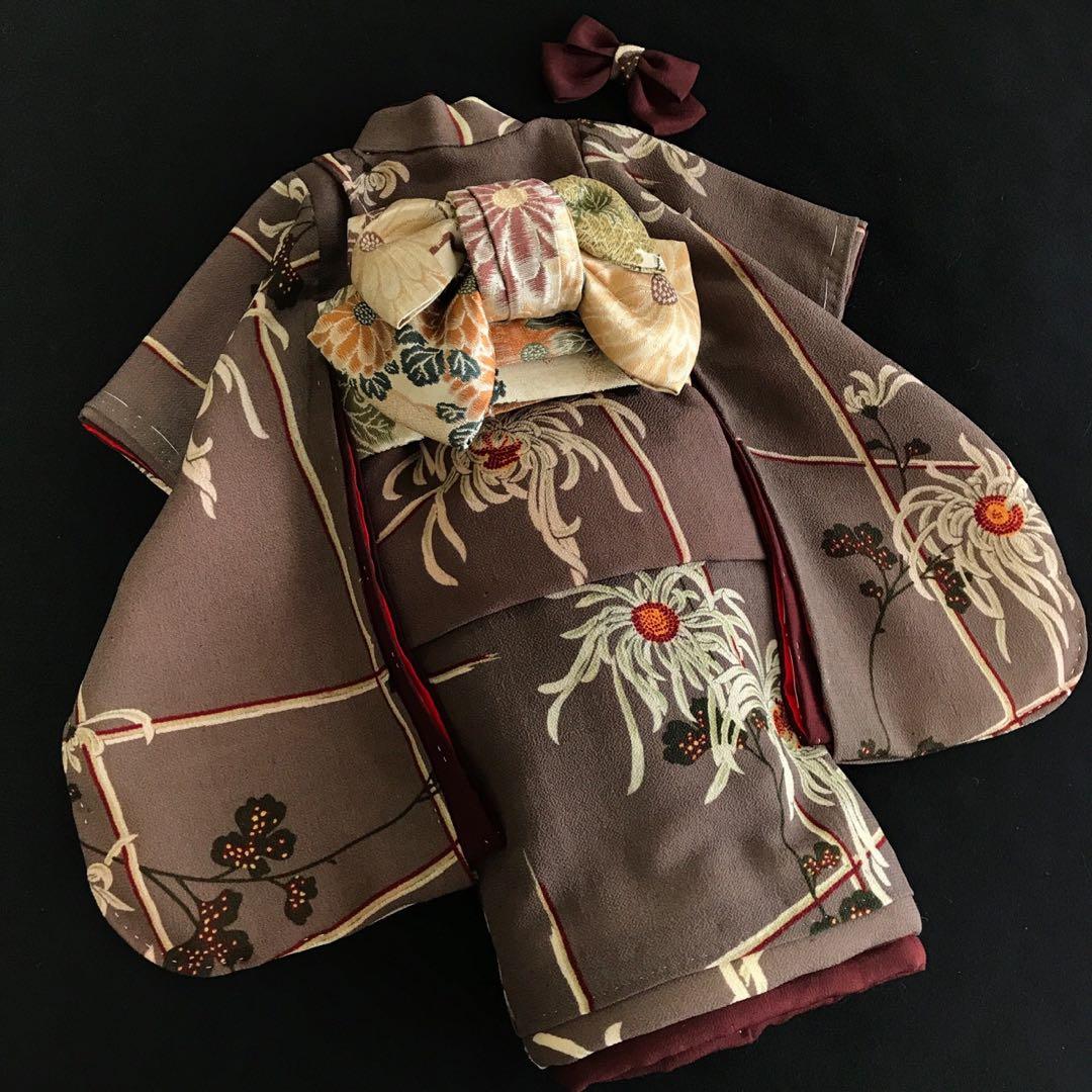 ＊ 市松人形 15号 縮緬 アンティーク 着物 帯 ＊ 菊