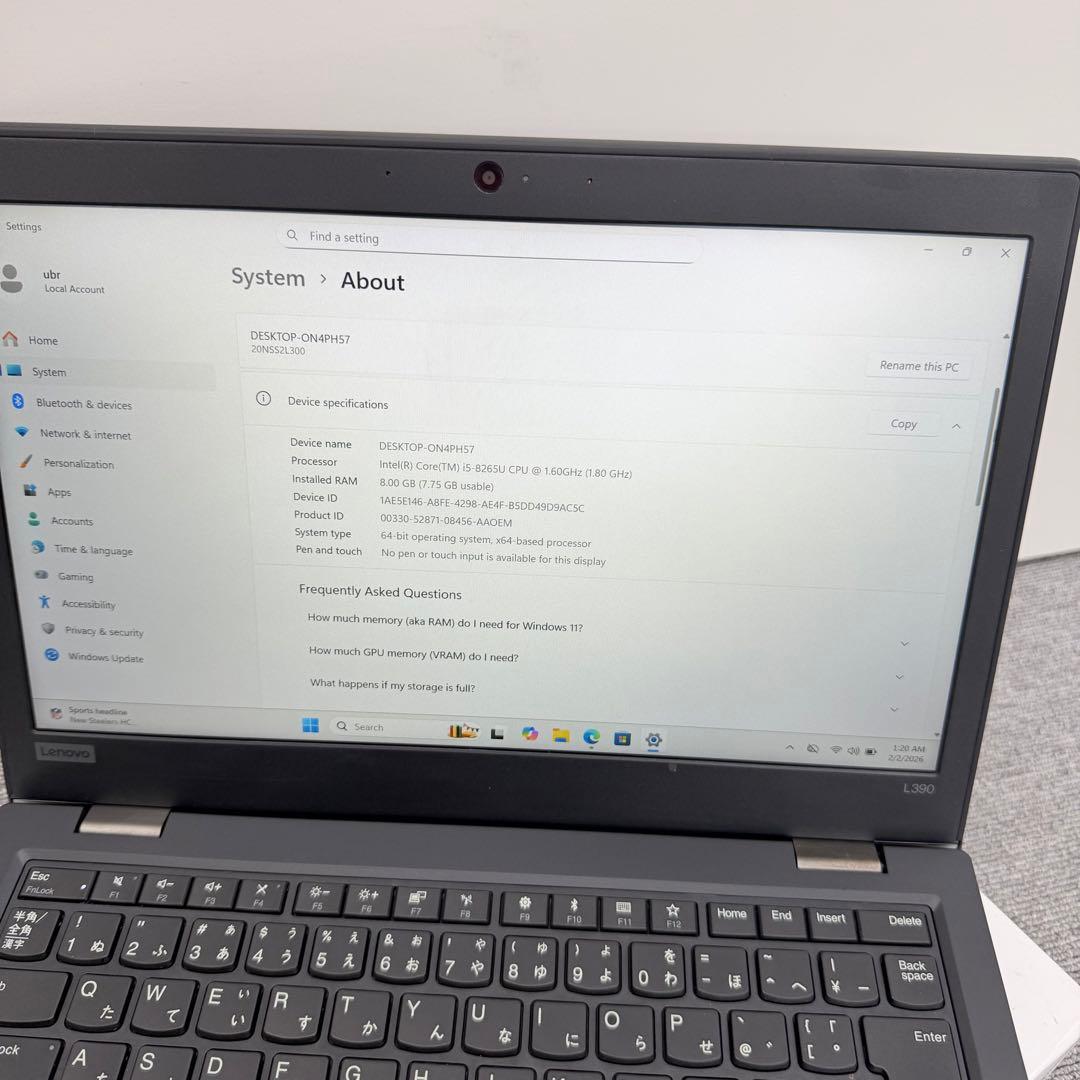 Windowsノート本体 Lenovo ThinkPad L390 8GB / SSD 256GB