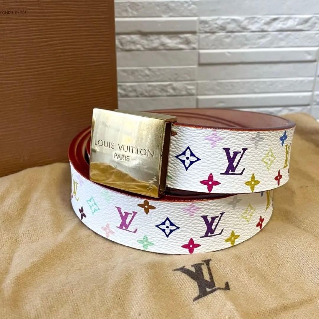 良品 ルイヴィトン モノグラム サンチュール ベルト ゴールド金具 マルチカラー