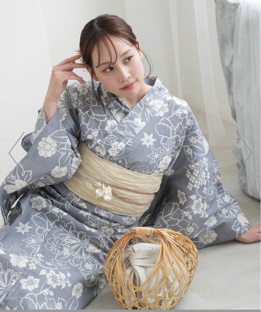 【新品】utatane 高級変わり織 浴衣3点セット 上品グレーの古典花