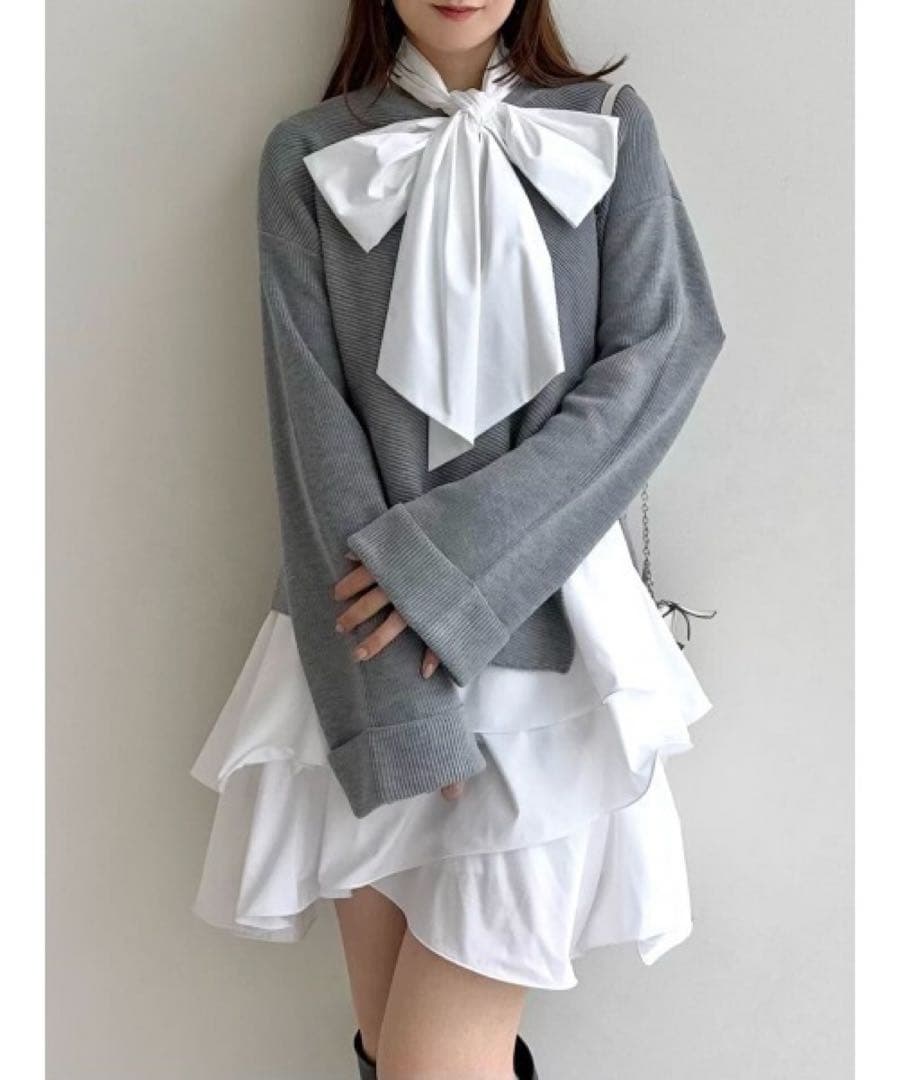 【新品未使用】Fray I.D リボンタイコンビニットチュニック グレー