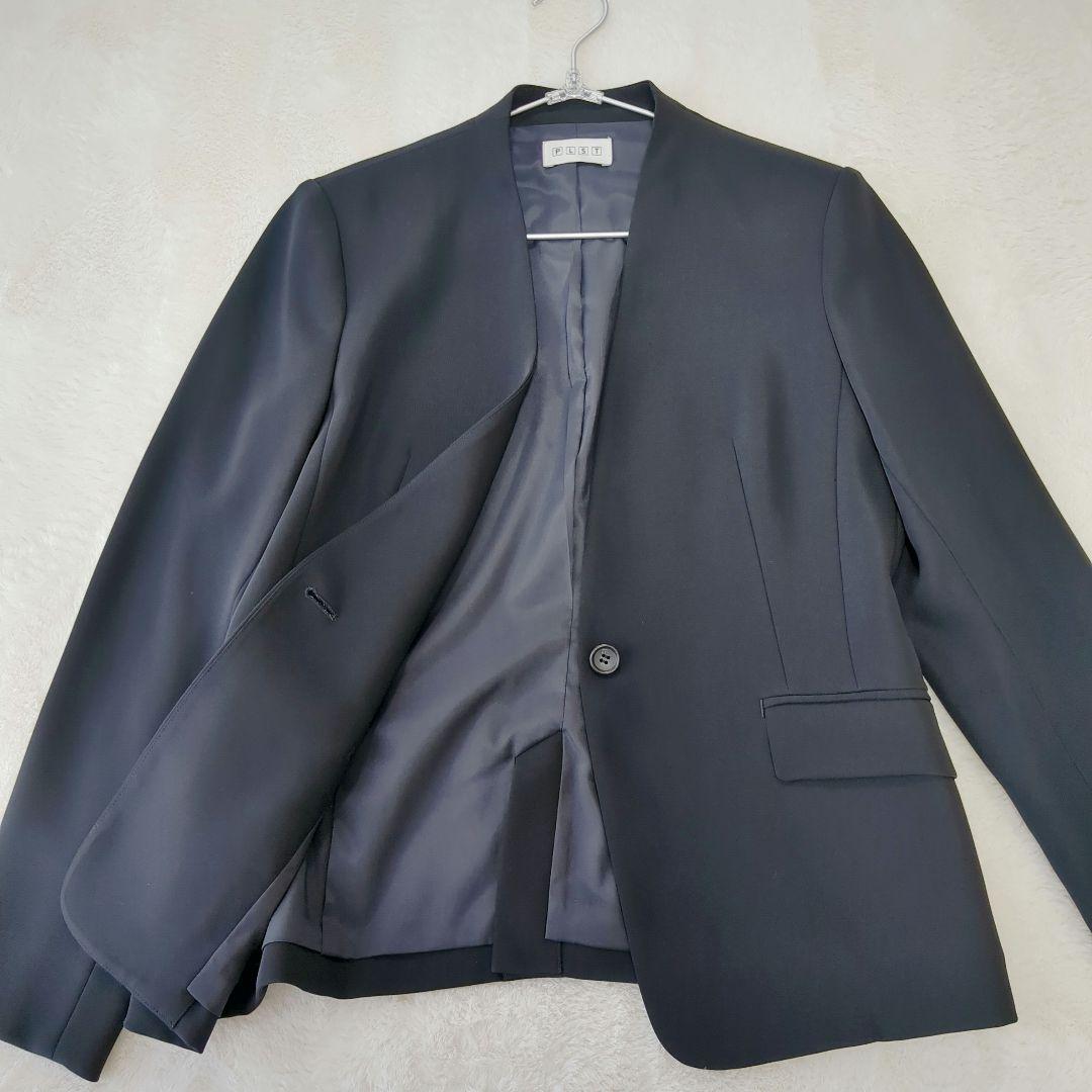PLST　スーツ　M　ノーカラージャケット　パンツ　紺　セットアップ