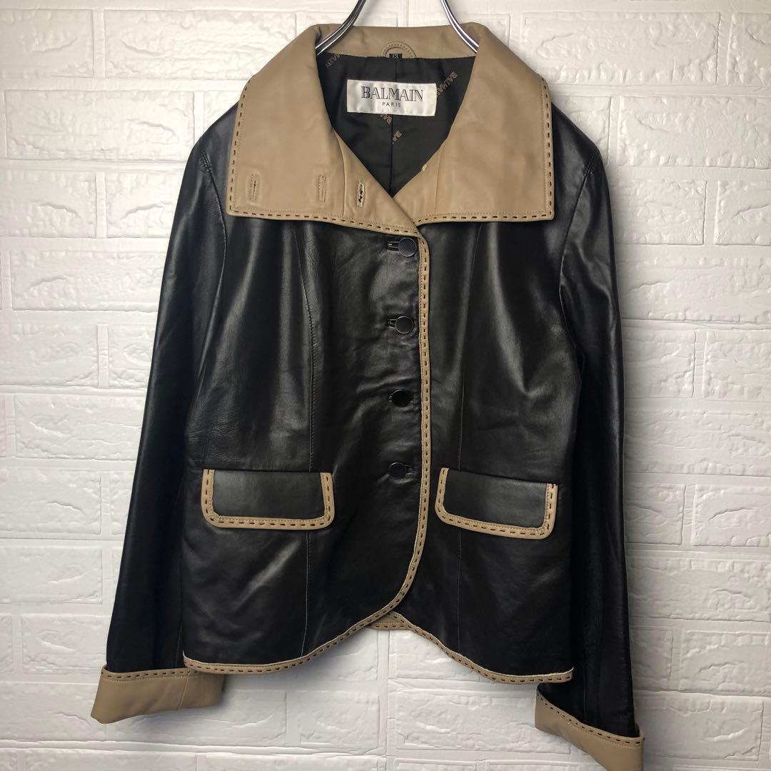 BALMAIN レザーシングルライダースジャケット ラム 羊 黒 ベージュ 13