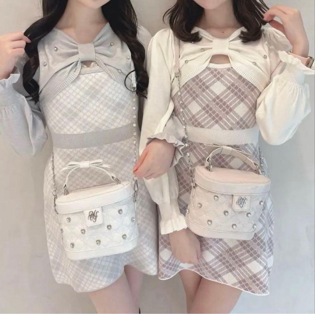 evelyn 長袖チェックリボンニット ワンピース ピンク