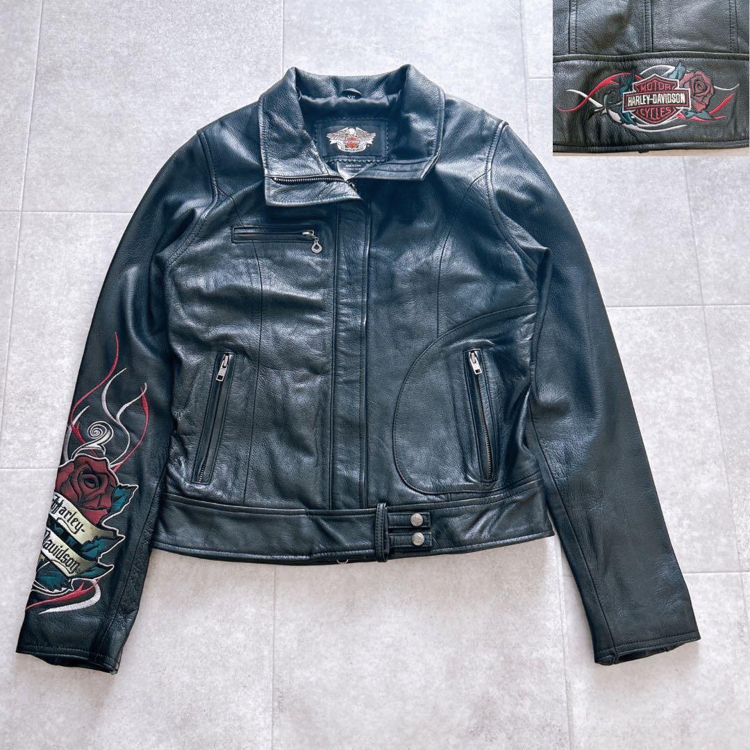 【極美品✨】ハーレーダビッドソン ライダースジャケット 革ジャン バラ刺繍 黒