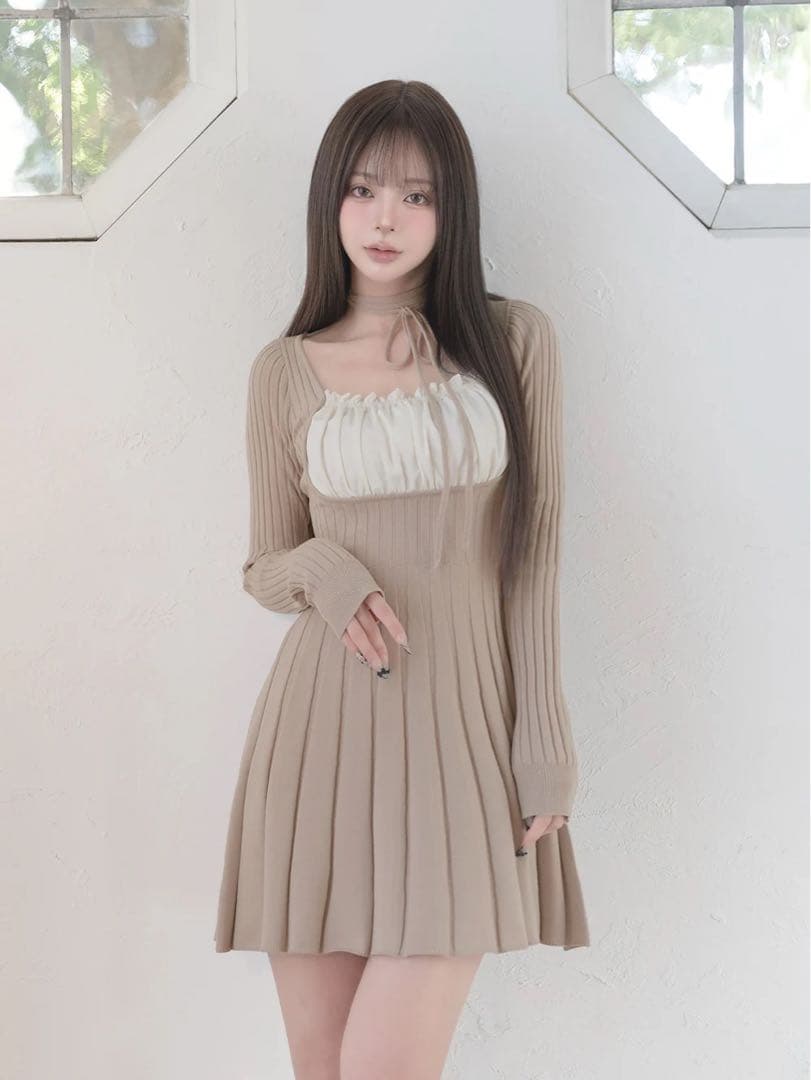 ダーリッチ ネックリボンデザインフレアニットミニワンピース