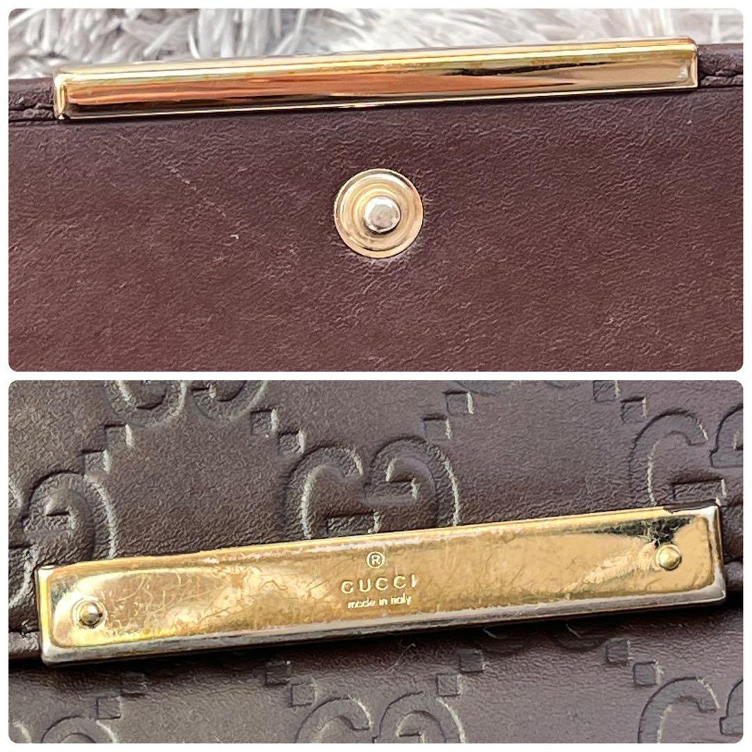 良品✨GUCCI シマ　長財布　ダークブラウン　ロゴプレート　Wホック