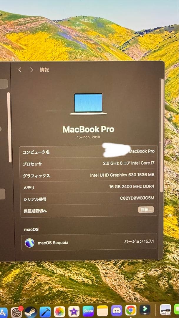 MacBook Pro 15㌅ Core i7 6Core・16GB・512GB