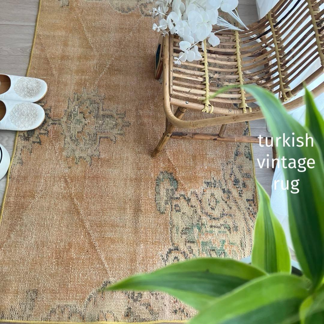 オレンジイエロー80×126グリーン　accentrug トルコヴィンテージラグ